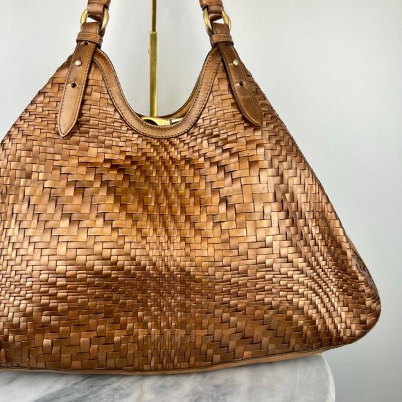 Cole Haan Genevieve Weave Brown Metallic Gold Leather Large Shoulder Bag - Picture 13 of 16